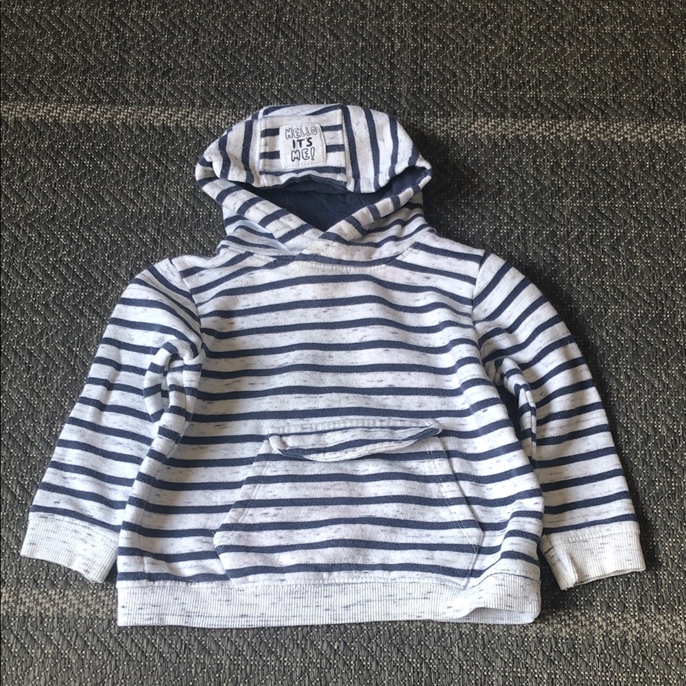 Zara White and Navy Striped Hoodie Sweatshirt